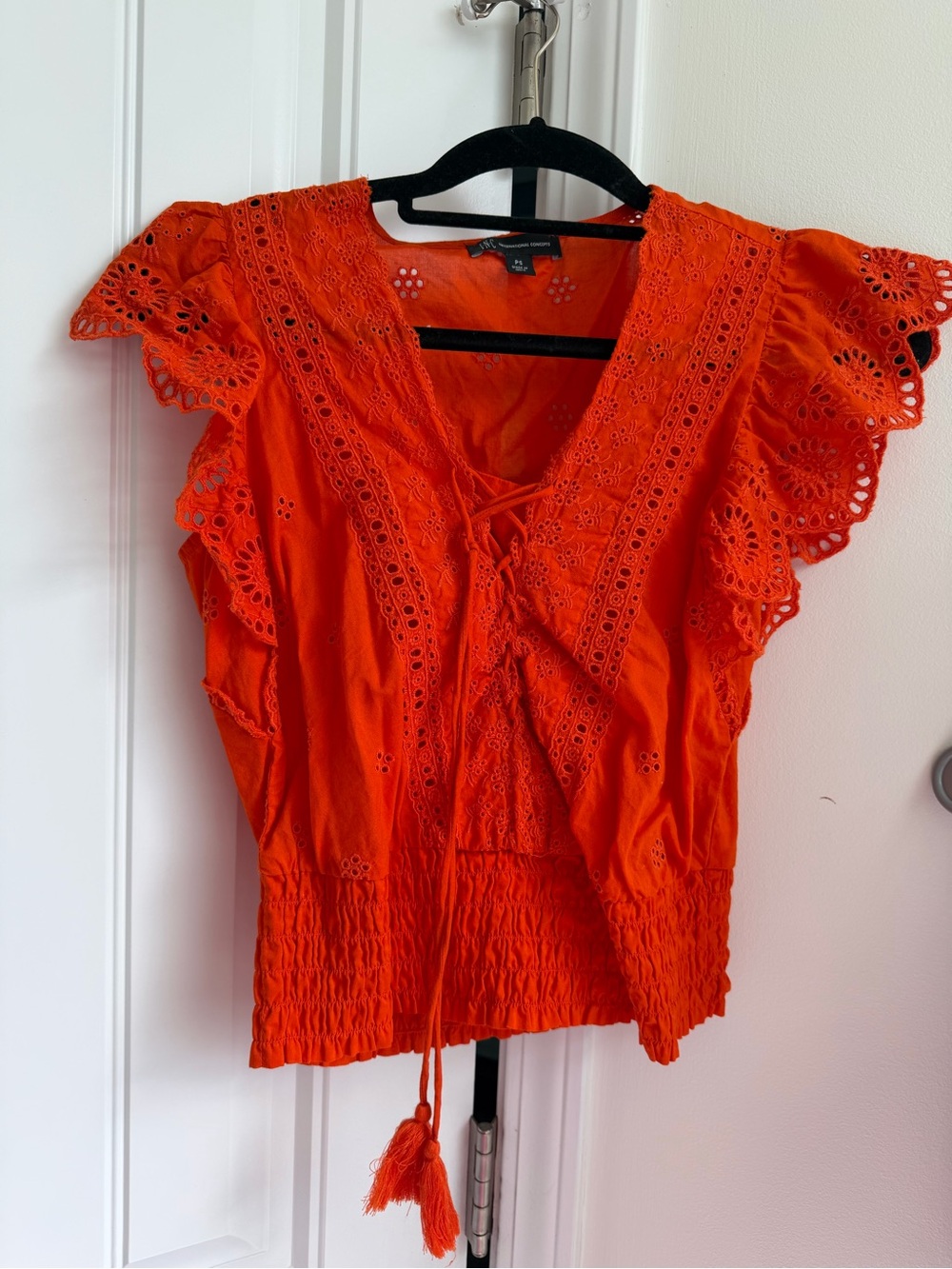 INC International Concepts Orange Eyelet Lace-Up Flutter Sleeve Top